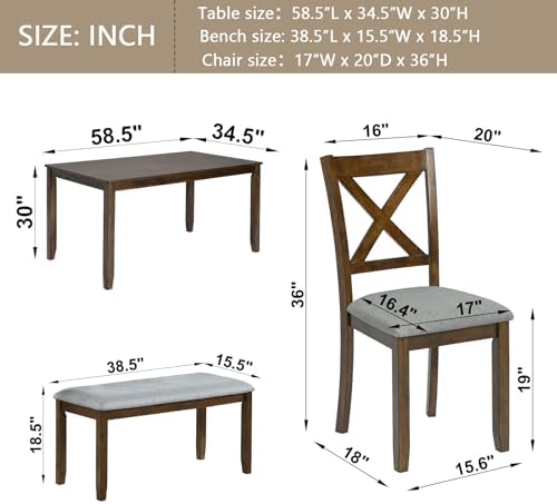 Harper & Bright Designs 6-Piece Dining Table Set with 4 Chairs and Bench, Modern Wood Kitchen Table Set for Dining Room, Breakfast Nook or Small Spaces, Walnut