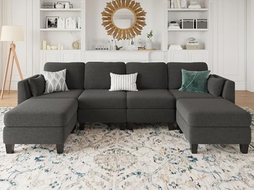 Modular Sectional Sofa 6 Seaters Modular Sleeper Sofa Couch | Comfy Sectionals Couches Bed, Convertible Sofas with Ottomans, Sectional Couches for Living Room, Dark Gray
