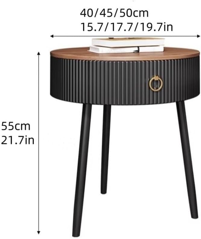 Modern Round End Table with Drawer Wood Double Storage Nightstand Side Table for Living Room Multi Scenario Use(Black,50cm)