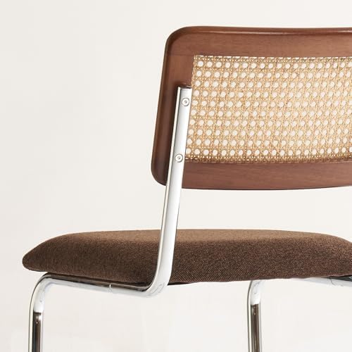 GrandNoor Natural Rattan Counter Height Stools Set of 3 with Solid Wood Back, 29 Inch Mid Century Modern Cesca Bar Stools, Brown Upholstery Boho Stool for Kitchen Counter with Chrome Metal Legs