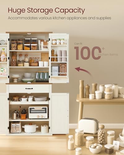 VASAGLE Pantry Cabinet, Freestanding Tall Cupboard with a Drawer | 15.8 x 31.5 x 70.3 Inches, 2 Cabinets, 4 Adjustable Shelves, Rustic White and Honey Brown, LIRY Collection UBBK364W01