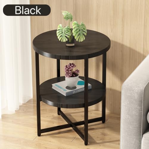 Small Round Side Table, 2 Tiers Farmhouse End Table, Set of 2 Accent Tables for Small Spaces, Night Stands for Bedrooms Living Room, Coffee Tables with Storage Shelf, Black
