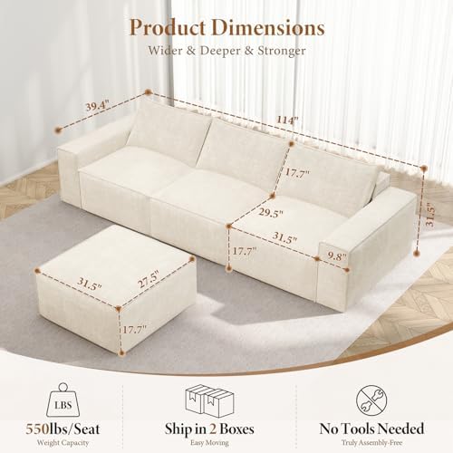 Vesgantti 114" L Shaped Couch, Deep Seat Sectional Sofa, Beige | Oversized 3 Seater Modular Couch with Ottoman, Cloud Sofa for Living Room, No Assembly Required, Free Combination, Chenille