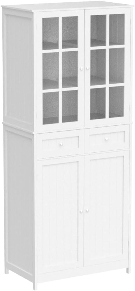BOTLOG 71" Tall Kitchen Pantry Storage Cabinet, Pantry Cabinet with Drawers and Glass Doors, Freestanding Kitchen Cupboard for Dining Room, Laundry, White