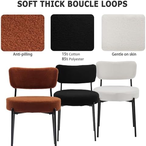 Boucle Dining Chair Set of 4, Mid Century Modern Upholstered Kitchen Chairs with Curved Backrest & Black Metal Legs, Round Dining Room Chairs, White