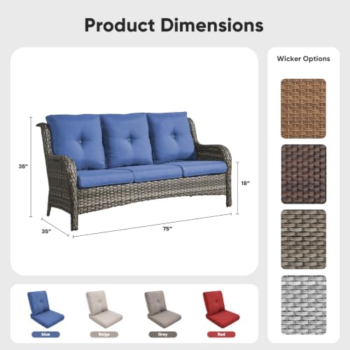 Belord Patio Sofa Luxury PE Wicker 3-Seater Outdoor Couch, Modern All-Weather High Back Deep Seat Woven Furniture Set for Porch, Deck, Balcony, Backyard - Grey/Blue