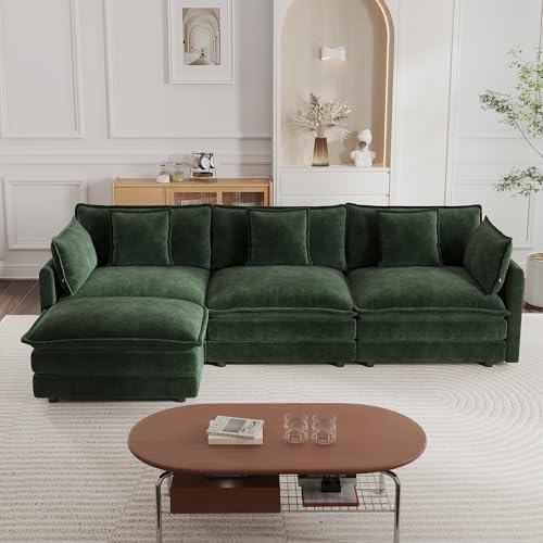 mikibama Modular Sectional Sofa, 111.5 Inch L Shaped Couch Set for Living Room, 3-Seater Comfy Cloud Couches with Movable Ottoman, DIY Combination, Chenille, Evergreen