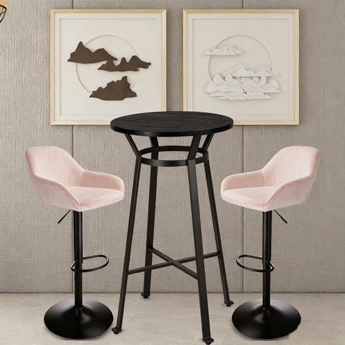 Glitzhome Bar Table and Chairs Set, Round Black Steel Pub Table with Soild Elm Wood Top and Bar Height Adjustable Swivel PU Leather Bar Stool for Breakfast Nook Living Room Small Space Restaurant