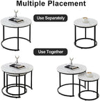 aboxoo Round Nesting Coffee Table Side Table Set of 2 End Tables for Living Room Bedroom Balcony, White Faux Marble Wooden Table Accent Coffee Table with Black Steel Frame