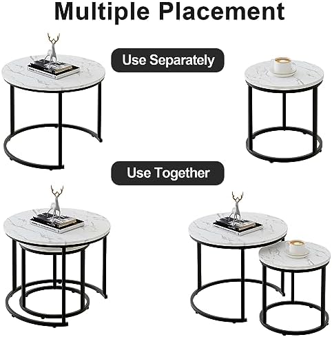 aboxoo Round Nesting Coffee Table Side Table Set of 2 End Tables for Living Room Bedroom Balcony, White Faux Marble Wooden Table Accent Coffee Table with Black Steel Frame