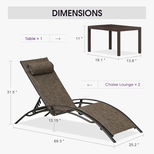 PURPLE LEAF Patio Pool Chaise Lounge Set of 3 Bronze Aluminum Chair, Brown | 2 Chaise + 1 Table, UV Textilene Fades Less, S-Curve Backrest with Arm, 5 Recline Angles, Adjustable Headrest, Stackable