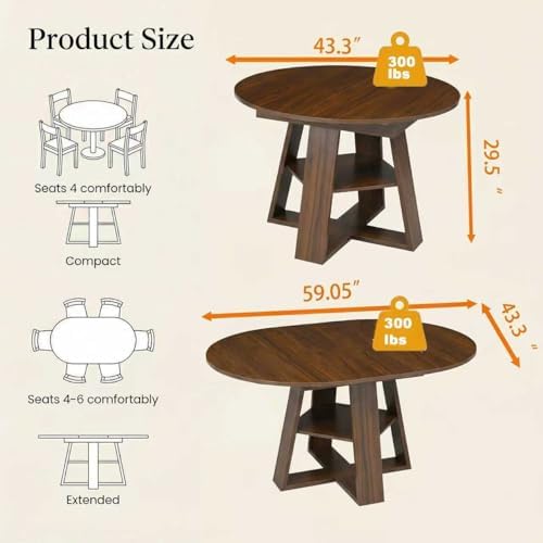 43.3-59" Extendable Round Dining Table, Modern Oval Kitchen Table with Removable Leaves, Wooden Base with Storage Shelf, Space Saving Dining Table for Kitchen Living Room Apartment Small Space, Walnut