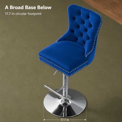 Blue Modern Swivel Bar Stools Set of 2, Velvet Counter Height Bar Stools for Kitchen Island, Adjustable Bar Chairs Barstools, Tufted Back, Silver Base, Sillas para Barra de Cocina (Blue, 2 Pcs)