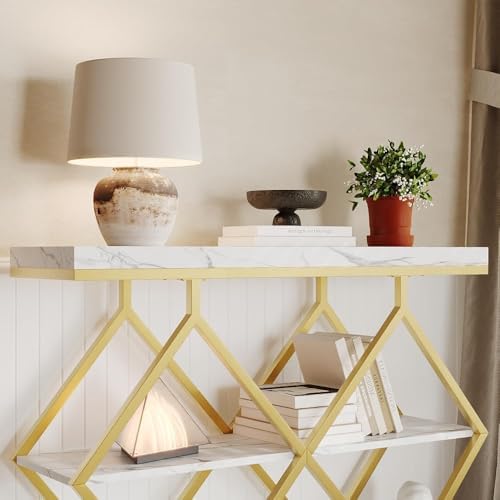 3-Tier Industrial Entryway Table with Diamond-Shaped Metal Frame, Open Shelf Console Sofa Table for Living Room, Hallway, Foyer Storage Accent Table with Adjustable Feet, Rustic Wood Top (White)