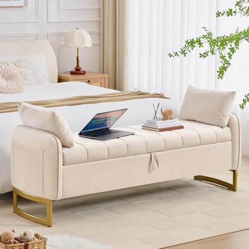 66" End of Bed Storage Bench King Size, Storage Benches for Bedroom, Beige | Velvet Foot of Bed Bech, Upholstered Storage Ottoman Benches with Golden Legs, Pillows and Side Pockets for Window, Entryway