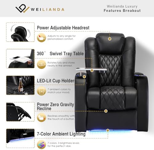Weilianda Home Theater Seating, Top Grain Leather Movie Theater Chair | Black Row of 1, Zero Gravity, Power Headrest, Tray Table, Electric Reclining Seat for Media Room