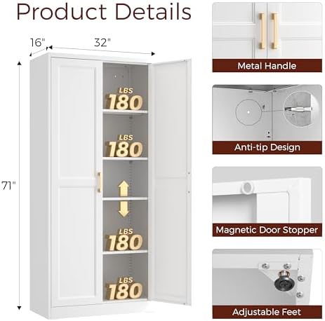 71" Tall Metal Kitchen Pantry Cabinet, Storage Cabinet with Doors | Kitchen Cabinet with 4 Adjustable Shelves, Food Pantry Cabinet, Cupboard for Kitchen,Dining Room, Living Room, Office, School
