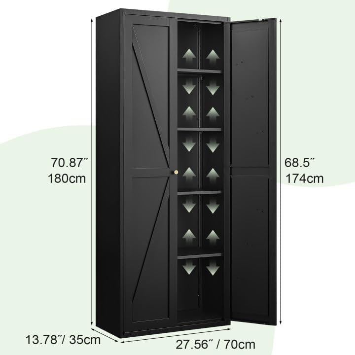 71" Tall Kitchen Pantry Storage Cabinet, Kitchen Storage Cabinet with Doors and 4 Adjustable Shelves, Metal Freestanding Cupboard for Garage Dining Room Living Room Bathroom, Black