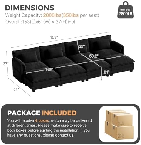 ELUCHANG 153" Oversized Modular Sectional Sofa, Comfy Chenille Cloud Couch, 8-Seater U Shaped Modern Deep Seat Sofa w/Removable Covers for Living Room, Bedroom, DIY Combination - Black
