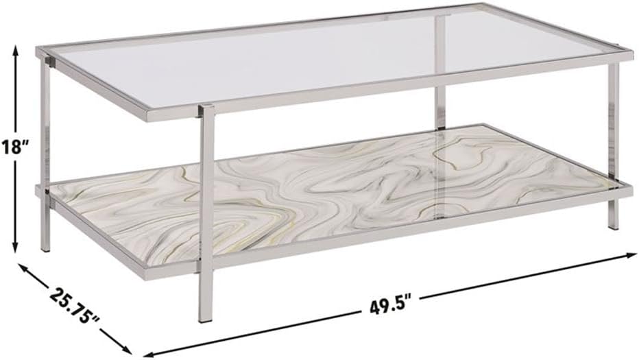 Pemberly Row Contemporary 3-Piece Coffee & End Table Set, Engineered Wood and Chrome, Tempered Glass Tops, Faux-Stone Pattern, Living Room Furniture Set with Storage Shelves