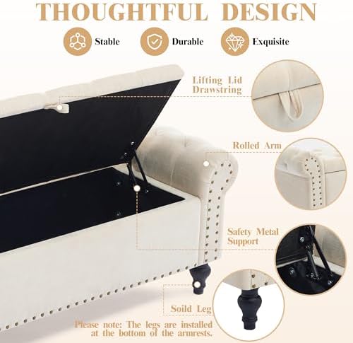 51" Storage Bench for Bedroom, Upholstered Ottoman Bench, Chenille Beige | End of Bed Bench for Bedroom, Window Benches for Living Room, Entryway, Ottoman with Large Storage Space, Pet Friendly