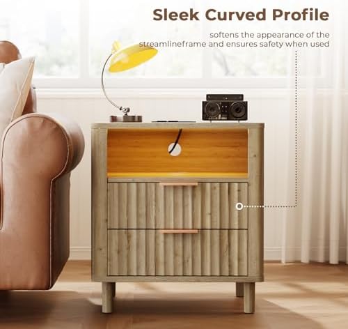 Fluted Nightstand with Charging Station, 2 Drawers Oak