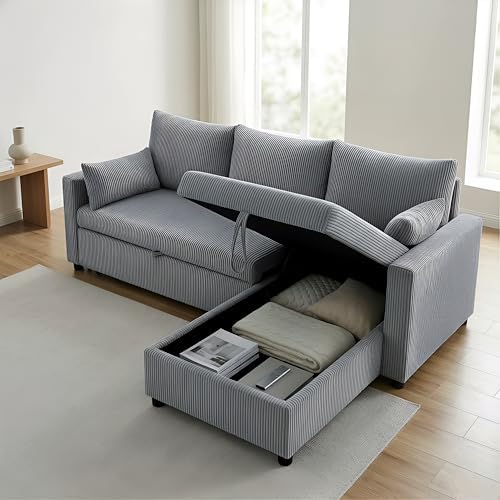 Ball & Cast 86" Sectional Sleeper Sofa Bed Pull Out Couches for Living Room | L Shaped Convertible Pull Out Sofa Bed with Reversible Storage Chaise and Side Pocket, 3-Seat Sofa for Small Space Apartment