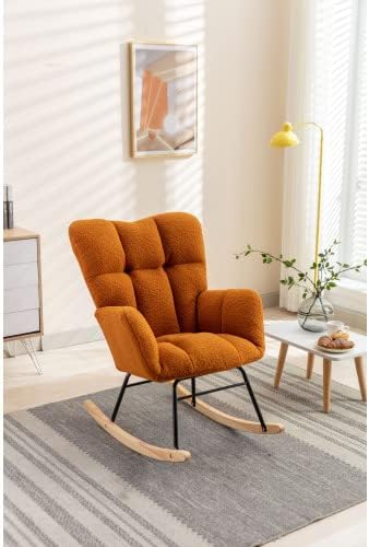 Rocking Chair, Upholstered Teddy Fabric Glider Chair, Lounge Accent Armchair with High Backrest and Thick Cushion, Accent Rocking Chairs for Living Room, Bedroom, Orange