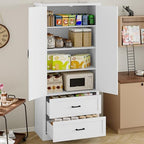 BORNOON Pantry Organizers and Storage Cabinet, 71” Barn Door White Kitchen Cabinet with Drawers and Adjustable Shelf, Tall Pantry for Kitchen, Dining Room, Living Room. Bathroom and Office