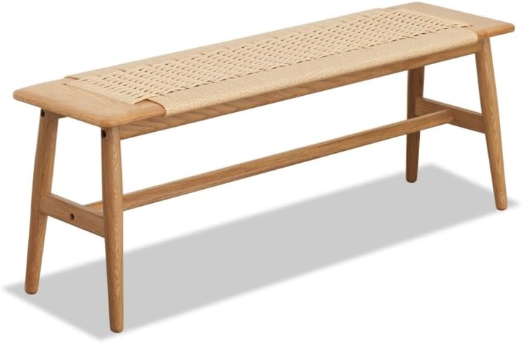 Wood Dining Bench with Hand Woven Rattan Seat, Farmhouse Entryway Bench for Bedroom, Kitchen, Living Room (Oak+Wood)