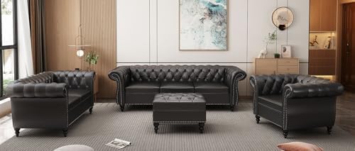 AVZEAR 84" Chesterfield Sofa 3-Seater, Classic Roll Arm PU Leather Couch with Button Tufted Back, Stain Resistant Upholstered Settee Large Sofa for Living Room, Black