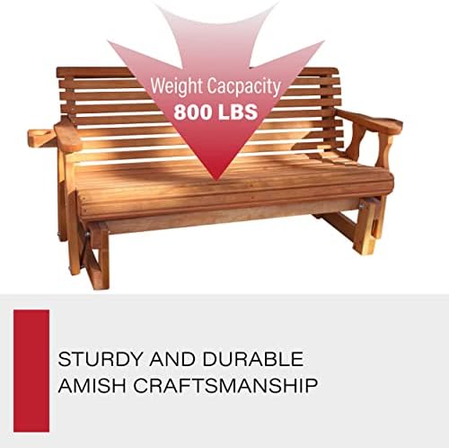 Amish Casual Heavy Duty 800 Lb Roll Back Pressure Treated Porch Glider with Cupholders (4 Foot, Cedar Stain)
