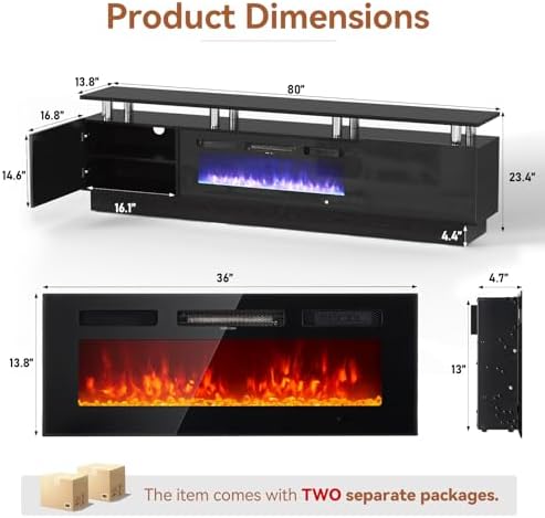 80" Fireplace TV Stand, 2-Tier LED Entertainment Center with 36" Fireplace, Fits TVs up to 90", Modern High Gloss TV Console with LED Lights & Storage Cabinets for Living Room, Black + Black