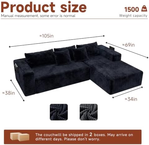 Couch ≈105" L-Shaped Sofa, Modular Sofa in Living Room Comfy Corduroy Fluffy Couch with Deep Seat and Side Pockets, Flexible Module Combination for Living Room (Black, 105IN)