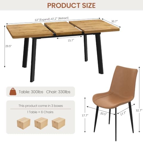 47.2"-63" Expandable Dining Room Table Set for 4-8 People, Walnut | Removable Extension Leaf, Durable MDF Rectangle Top, 6 Brown Sleek Faux Leather Chairs, Heavy Duty Modern Kitchen Table Set