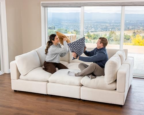 VANOMi Sectional Sofa with Convertible Sleeper Modular Couch,Chenille,Beige | Convertible,Washable,Removable Cover,Modern,Comfortable