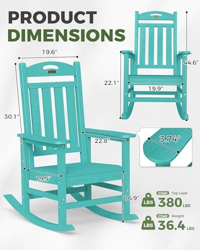 Oversized Outdoor Rocking Chair, High Back Porch Rocker Chair, HDPE All Weather Resistant Rocking Chairs for Patio, 380lbs Weight Capacity, Lake Blue