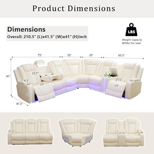 A Ainehome Leather Power Furniture Reclining Sectional Couch, Living Room Power Recliner Adjustable Sofa, Loveseat and Chair with Storage Console for Living Room/Office(Off-White)