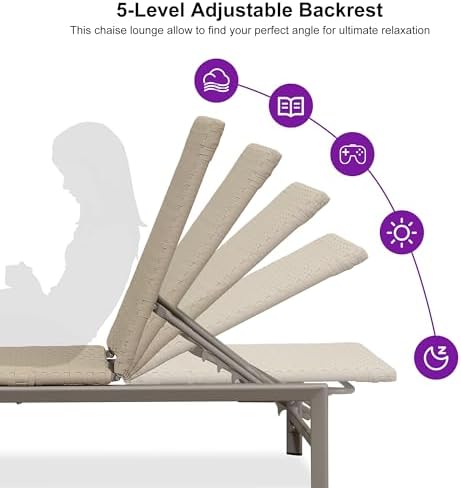 PURPLE LEAF Outdoor Chaise Lounge Chair Wood Grain Aluminum, Beige | 3-Year Color Retention PE Rattan, 2.4" Thickened Aluminum Frame, Knee-Friendly Height, For Poolside Patio Garden