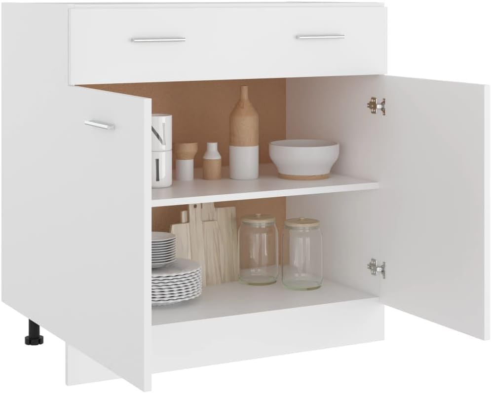 White Engineered Wood Drawer Bottom Cabinet with Shelf Storage, Modern Scandinavian Design for Kitchen Organization and Easy Assembly, Durable Furniture for Compact Spaces