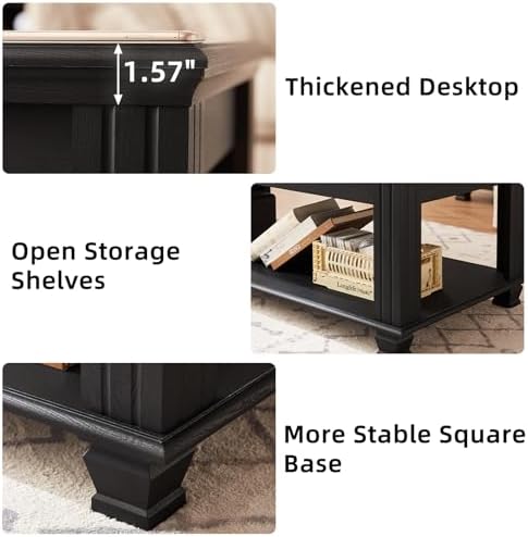 SAVOR LIFE Farmhouse Coffee Table Set of 3, Black | Rustic Wood 3 Piece Coffee and End Table Sets with Open Shelf for Living Room