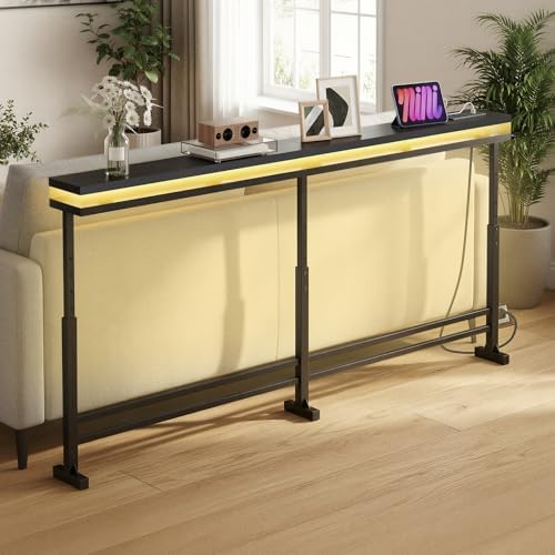 YATINEY 70.9" Behind Couch Table with LED Lights, Narrow Console Table with Adjustable Height (27.6"-35.4"), 5.9" Wide Sofa Tables Narrow Long with USB-C Ports, Sofa Side Table, Black CT26UDBB