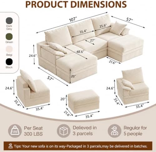 107" Modular Sectional Sofa Couch with Storage,U-Shape 3 Seat Comfy Modern Cloud Couch Sofa with Ottoman, 27" Deep Seat Corduroy Sofa for Living Room, Tool-Free Assembly - Beige