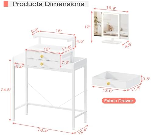 HIGDBFE Vanity Desk with Mirror and Lights 28.4''W Small Makeup Vanity | Vanity Table with Height-Adjustable Stand, 2 Fabric Drawers Compact Makeup Desk, Gift for Girls, Bedroom Small Space, White