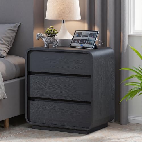 Standifurno Black Curved Night Stand Set of 2 with Charging Station, 25" Tall Wood Bedside Table Nightstand with 3 Storage Drawers, Mid Century Modern End Table for Bedroom, Office