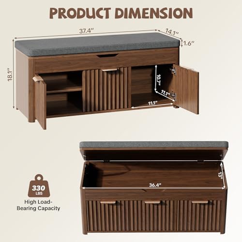 37.4" W Shoe Bench with Storage, Lift Top Entryway Bench, Walnut | 2-Tier Adjustable Shoe Rack with Cushioned Seat, Hidden Storage, Wooden End of Bed Bench for Bedroom, Living Room, Hallway