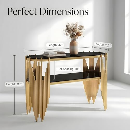 Luxury Gold Console Table with 2-Tier Black Tempered Glass Shelves, 47" Modern Oval Entryway Table with Polished Stainless Steel Frame for Hallway & Living Room & Behind Couch
