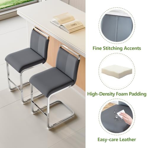 Counter Height Bar Stools Set of 4 - Grey Bar Stools for Kitchen Island,25'' Counter Stools with Leather Upholstered Seat,Metal Kitchen Island Chairs Ideal for Bar,Pub,Coffee Shop