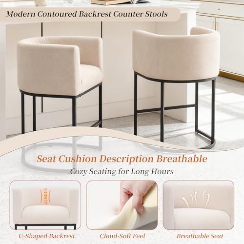 26" Counter Height Bar Stools Set of 4, Black Frame, Linen | Linen Upholstery, Barrel Backrest, Built-In Armrests, Kitchen Island Use, Sturdy Metal Frame, Counter Height