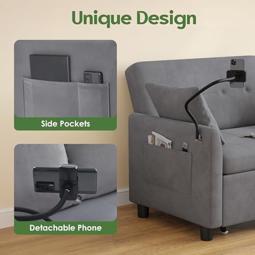 3 in 1 Convertible Pull Out Sleeper Couch Sofa Bed, Grey | Small Sleeper Sofa with Pillow, Adjustable Backrest Futon loveseat, Velvet Love Seat and Phone Holder for Living Room